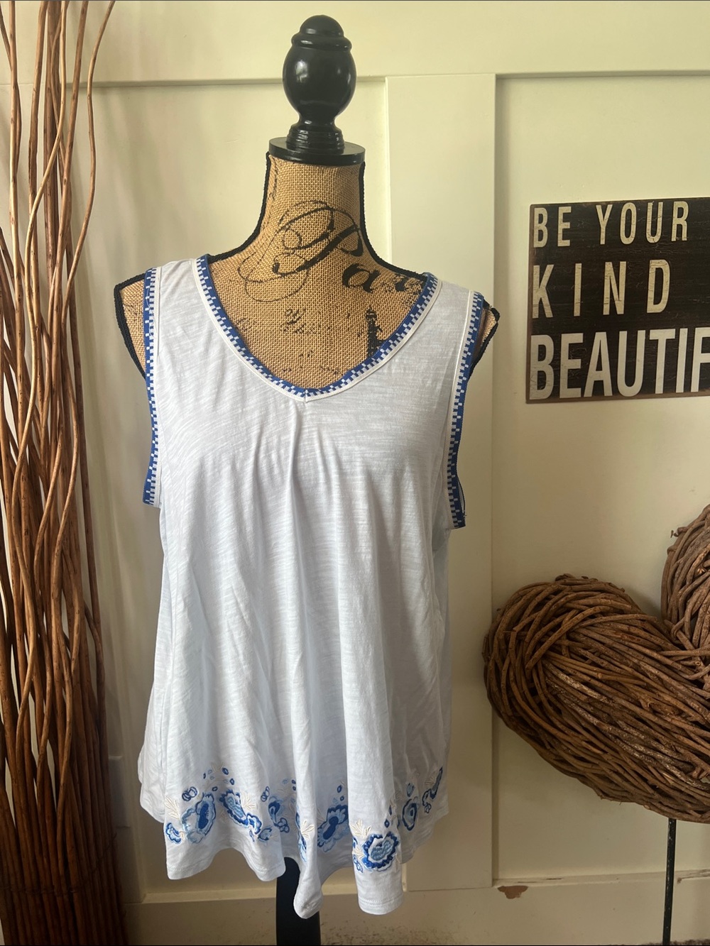 Cato White Sleeveless V-Neck Tank with Blue Embroidery